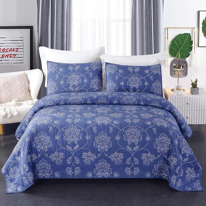 ROOMLIFE Quilt Set Full Size 3D Floral Embroidery Pattern 3-Piece Cotton - Image 3