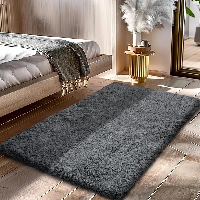 Grey 2x4 Area Rugs for Bedroom, Fluffy Shag Rug Small Rug Bedroom Carpet | by Yongyangjuxi