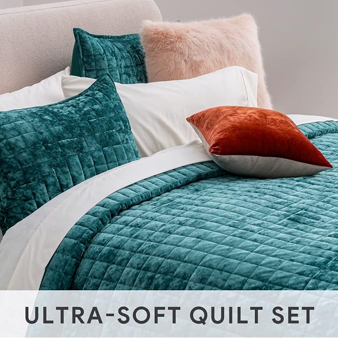 RECYCO Channel Box Stitch Velvet Quilt Set, Full Queen Size, Teal | Ultra Soft - Image 6