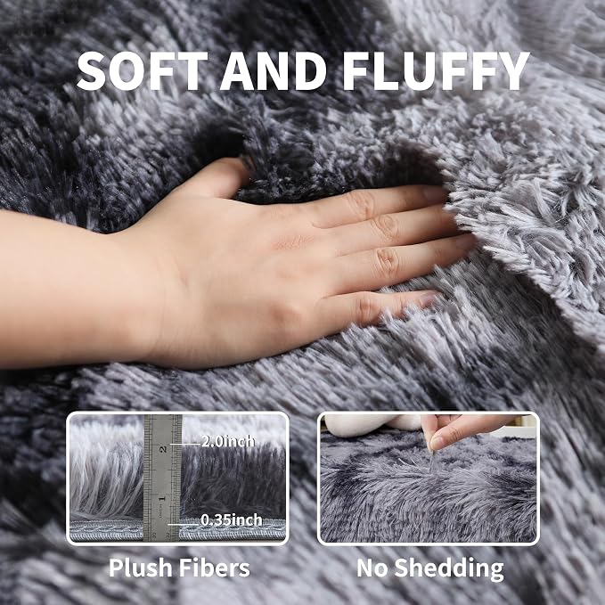 6x9 Tie-dye Dark Grey Shag Rug for Bedroom, Soft Plush Fluffy Carpet | Gray - Image 3