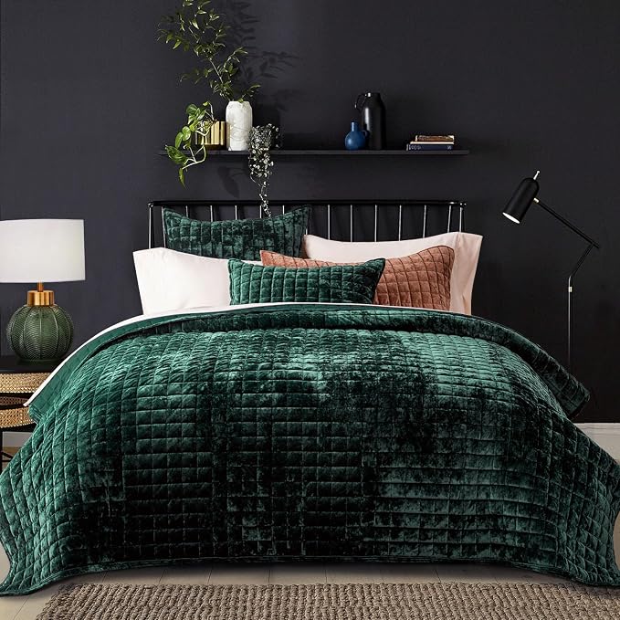 RECYCO Channel Box Stitch Velvet Quilt Set, Full Queen Size, Emerald Green | - Image 2