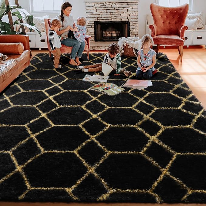 Area Rugs for Bedroom Living Room, 4x6 Fluffy Black and Gold Throw Rug - Image 9