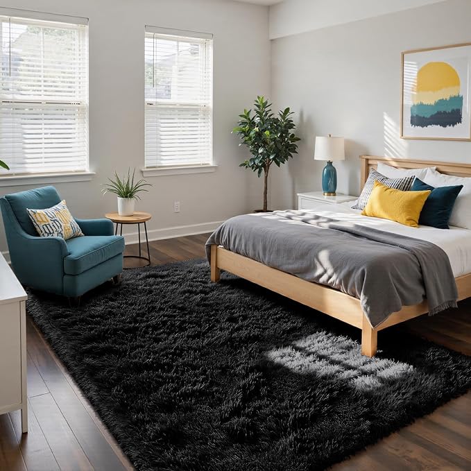 Black 9x12 Area Rugs for Living Room, Fluffy Shag Rug Large Bedroom Carpet | - Image 2