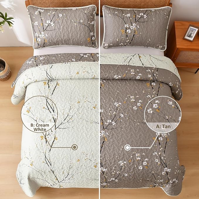 DJY Quilt Set King Size, Branch Botanical Bedspread Coverlet, Tan &Cream | - Image 3