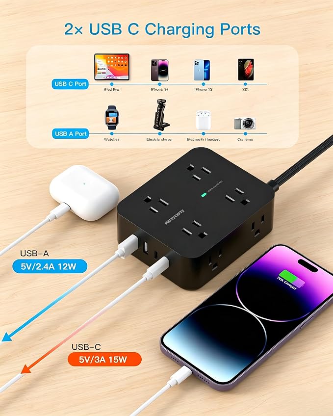10 Ft Power Strip Flat Plug, Extension Cord Surge Protector, Flat Wall Plug | 8 - Image 5