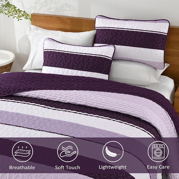 Dinjoy King Boho Striped Quilt Set, Breathable All-Season, 3-Piece Set Fits - Image 3