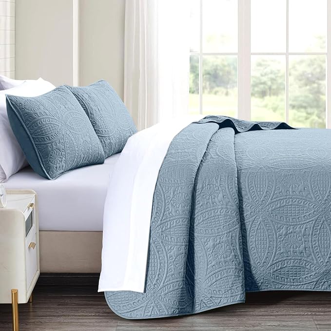 akkialla 118"x106" Dusty Blue California King Quilt Set, Oversized Floor-Length - Image 4