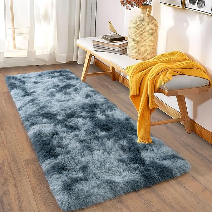 Soft Runner Rugs for Bedroom Hallways, 2x5 Tie-Dyed Blue Grey Fluffy Shag Throw - Image 3