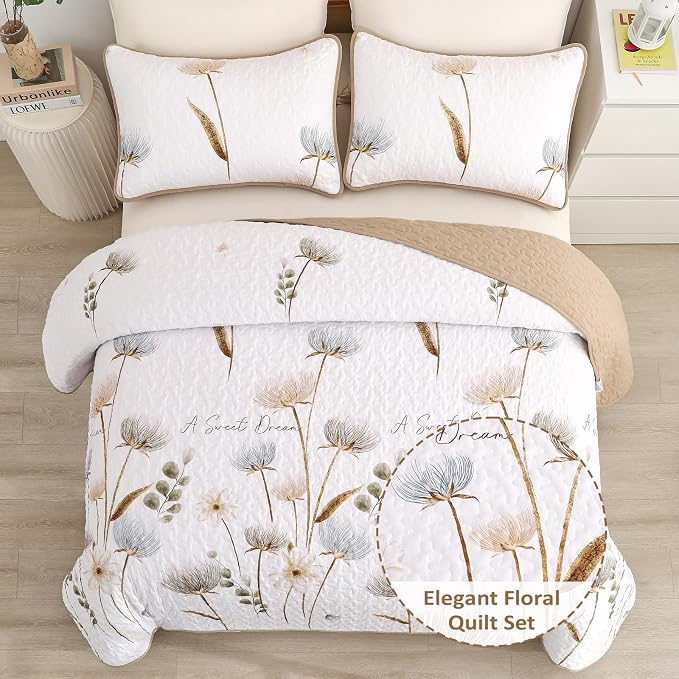 Dinjoy Floral Quilt Set Twin Size, Khaki Bedspreads - Image 3