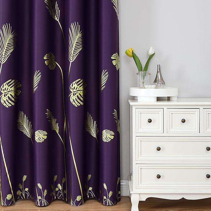 Purple Blackout Curtains for Bedroom, Room Darkening Gold Palm Tree Pattern - Image 2