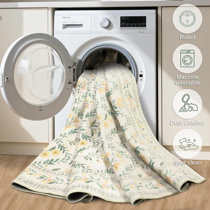 PLHXFR 3x10 Washable Runner Rug：Floral Indoor Kitchen Carpet Beige Multi | - Image 8