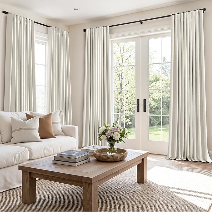 MIULEE 100% Blackout Back Tab Pleat Linen Curtains 50" Wx96 L, Ivory | 2 Panels - Image 2