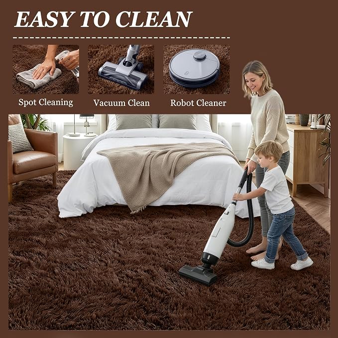 Area Rug Living Room Bedroom: 6x9 Fluffy Plush Shag Carpet Brown | - Image 8