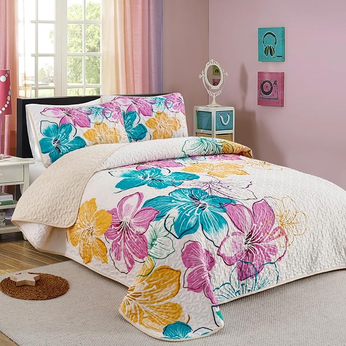 DJY Romantic Pink Teal Quilt Set King Size, 3 Pieces Colourful Floral Bedspread - Image 2