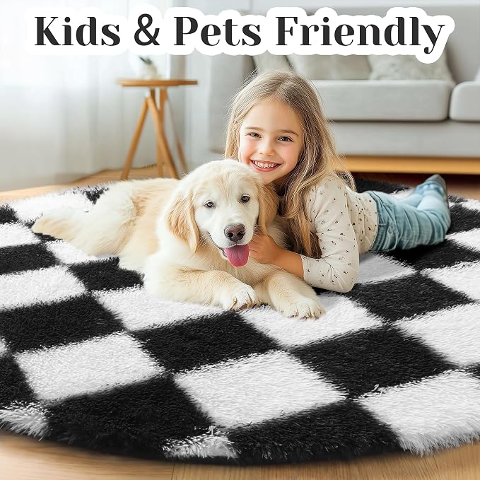 KICMOR Round Rug 4ft for Bedroom, Indoor Checkered Circular Rug for Kids Room - Image 4