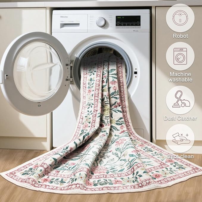PLHXFR 2.6x14 Washable Runner Rug：Floral Indoor Kitchen Carpet Pink Green | - Image 8