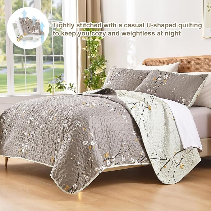 DJY Quilt Set Queen Size, Branch Botanical Bedspread Coverlet, Tan &Cream | - Image 2