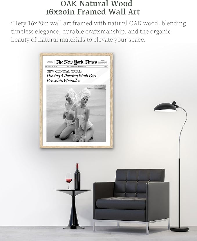 iHery 16x20in Funny Beach Girls Framed Newspaper Wall Art | Natural OAK Wood - Image 4