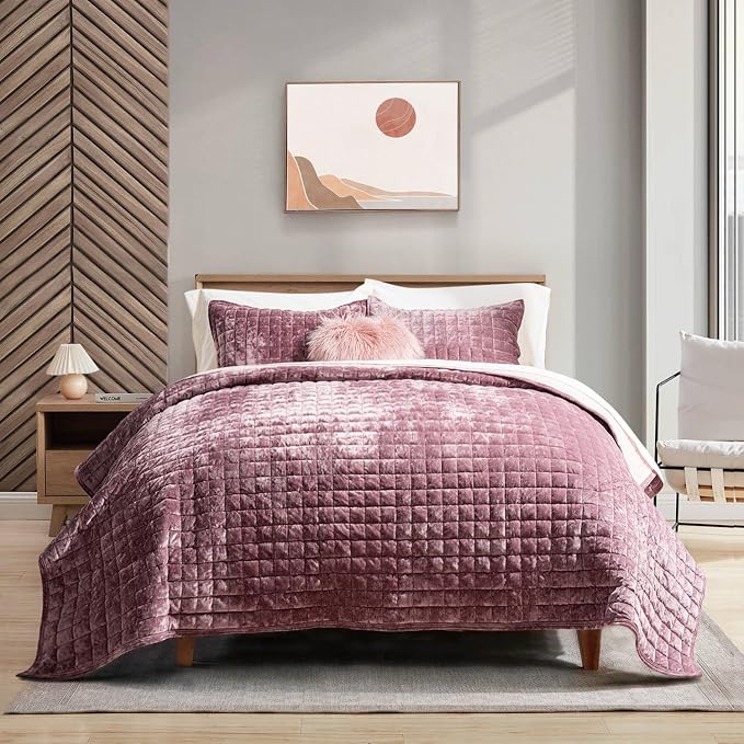 RECYCO Channel Box Stitch Velvet Quilt Set, King Size, Dusty Mauve Pink | Ultra by RECYCOHOMECOLLECTION