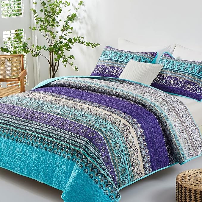 WONGS BEDDING Boho Super King Quilt Bedding Set, 3 Pieces Bedspread, Breathable - Image 2