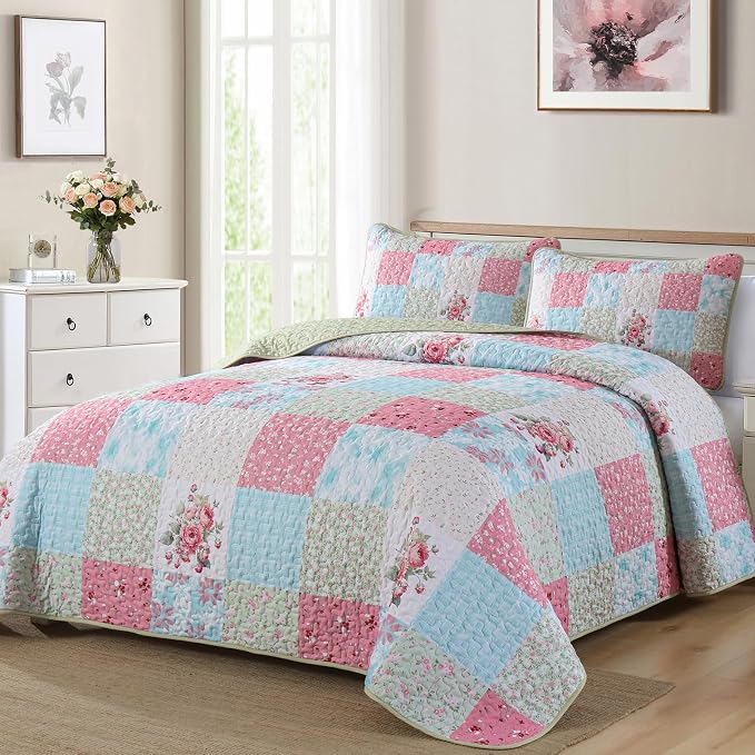 Mybedsoul Blue Pink Patchwork Queen Size Quilt, Soft Boho Floral Spring - Image 2