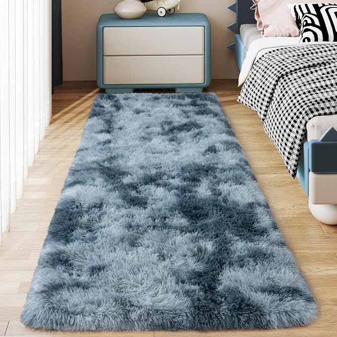 Soft Runner Rugs for Bedroom Hallways, 2x5 Tie-Dyed Blue Grey Fluffy Shag Throw by Ailyei