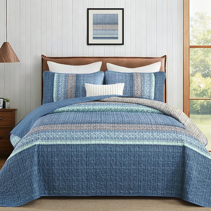 Cottolester Blue Quilt Set King, All Seasons Microfiber Quilt Bedding Sets by Cottolester