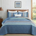 Cottolester Blue Quilt Set Queen, Striped Patchwork Quilt Bedding Set 3 Pcs | by Cottolester