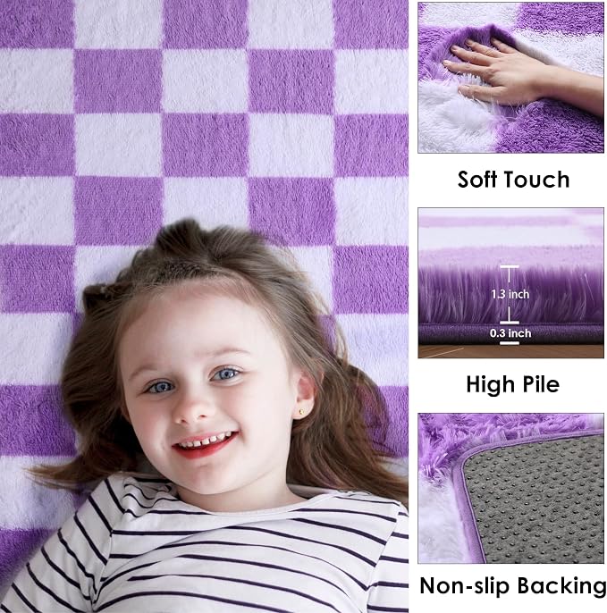 KICMOR Purple Rugs for Living Room Bedroom, 5x7 Fluffy Soft Checkered Area Rug - Image 2