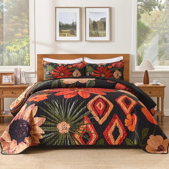 California King Quilt, Cal King Oversized Black Floral Bedspread | 3 Pieces Red by Andency