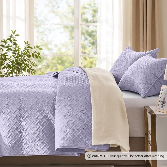 FLYMME Twin Quilt Set, Lightweight Lavender Bedspreads, Basket Weave Pattern - Image 3