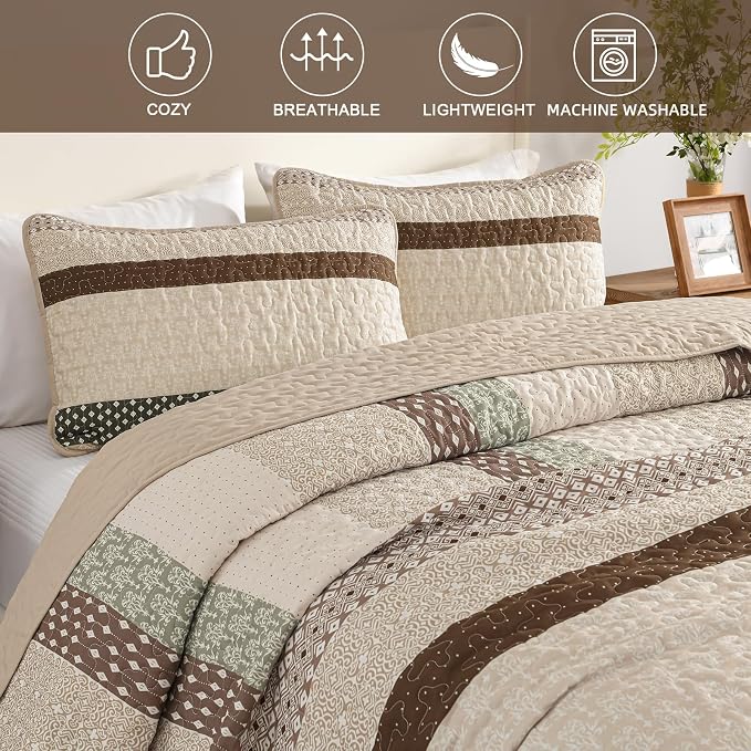 WONGS BEDDING Khaki Quilt Queen Size, Soft Stripe Bedspreads | Reversible - Image 6