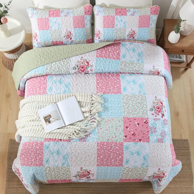 Mybedsoul Blue Pink Patchwork Queen Size Quilt, Soft Boho Floral Spring - Image 5