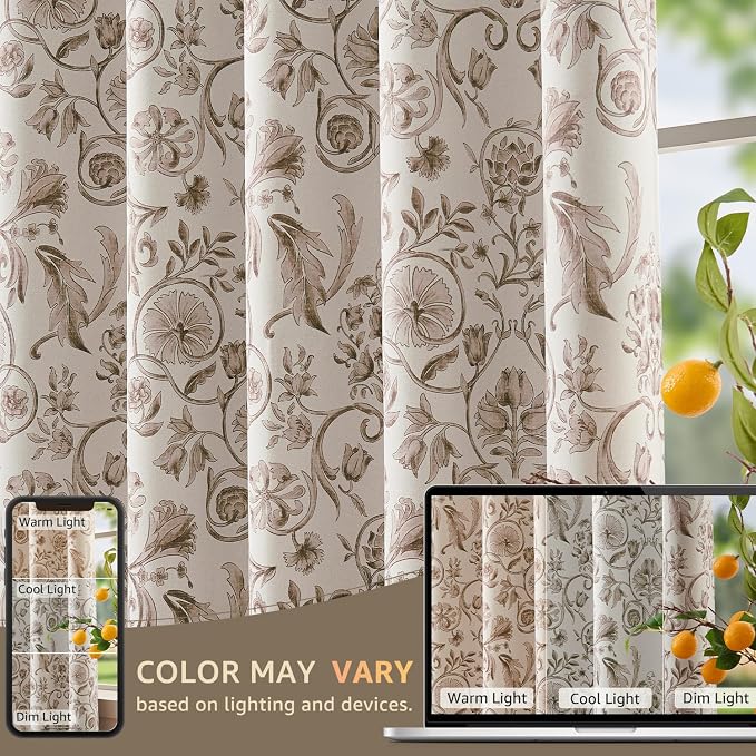 jinchan Taupe Floral Blackout Curtains 96 Inch Farmhouse Back Tab 2 Panels | - Image 8
