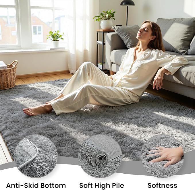 8x10 Fluffy Area Rug for Living Room: Non-Slip Light Grey Bedroom Carpet | - Image 5