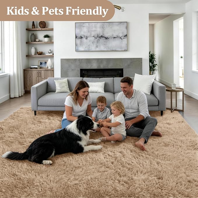 Area Rug Living Room Bedroom: 5x7 Fluffy Plush Shag Carpet Beige | - Image 4
