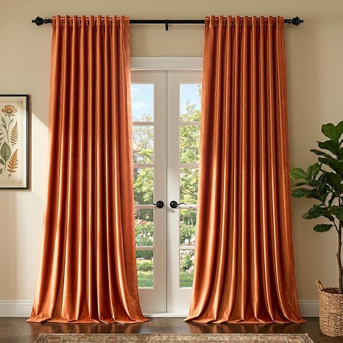 Luxury Orange Velvet Curtains 96 inch Length by PRIMROSE