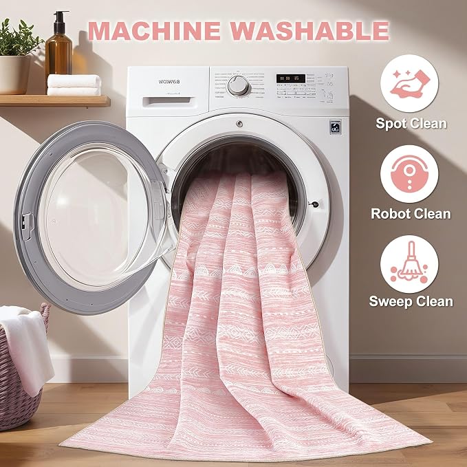 Nakagishi Boho 8x10 Area Rug Living Room Rugs Machine Washable Pink | Soft - Image 2