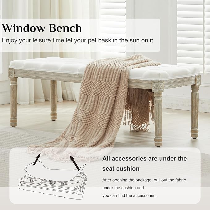 LOULENS 57.7" Linen End of Bed Bench King Size, Upholstered Bench, Upholstered - Image 3