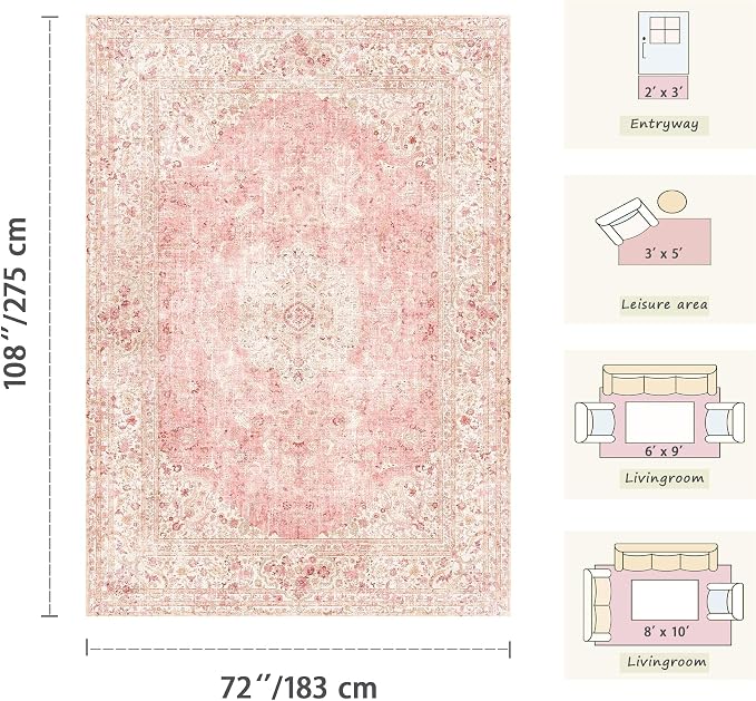 Latte&Fog Large Area Rugs 6x9, Vintage Washable Pink Rugs - Image 2
