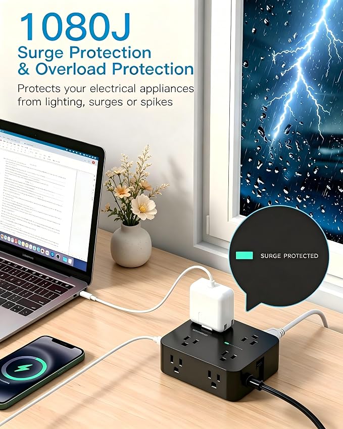 10 Ft Power Strip Flat Plug, Extension Cord Surge Protector, Flat Wall Plug | 8 - Image 4