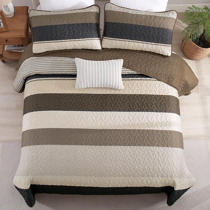 Dinjoy Queen Boho Striped Quilt Set, Balck White Lightweight Bedspread | Soft - Image 2