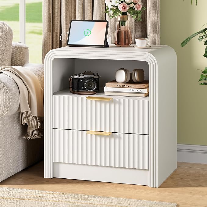 Decofy Fluted Nightstand with Charging Station, 19.7'' Wide Morden End Table - Image 8