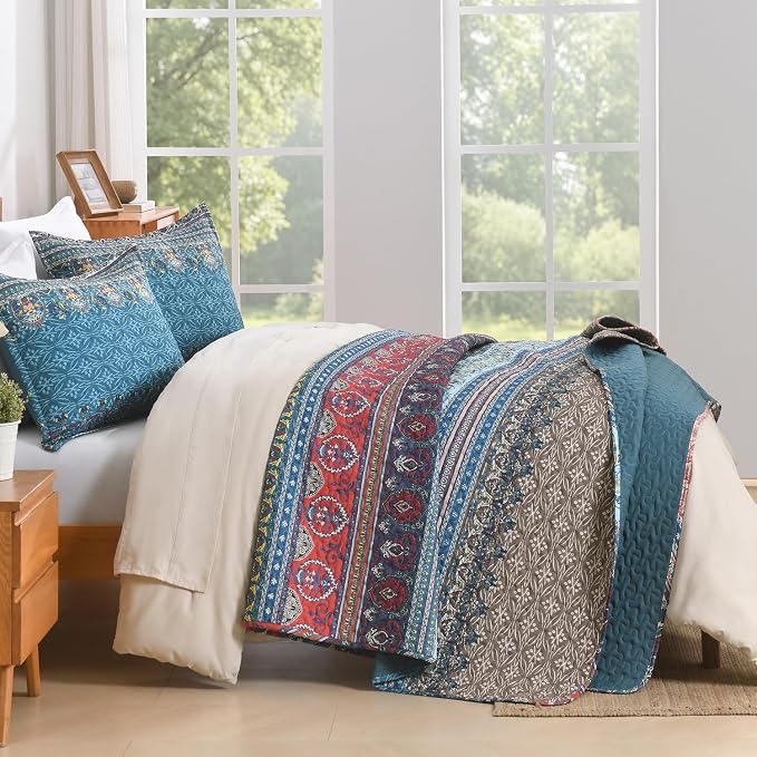 Brown Green King Size Quilt Set, 3 Pieces Boho Striped Bedspread | Soft - Image 7