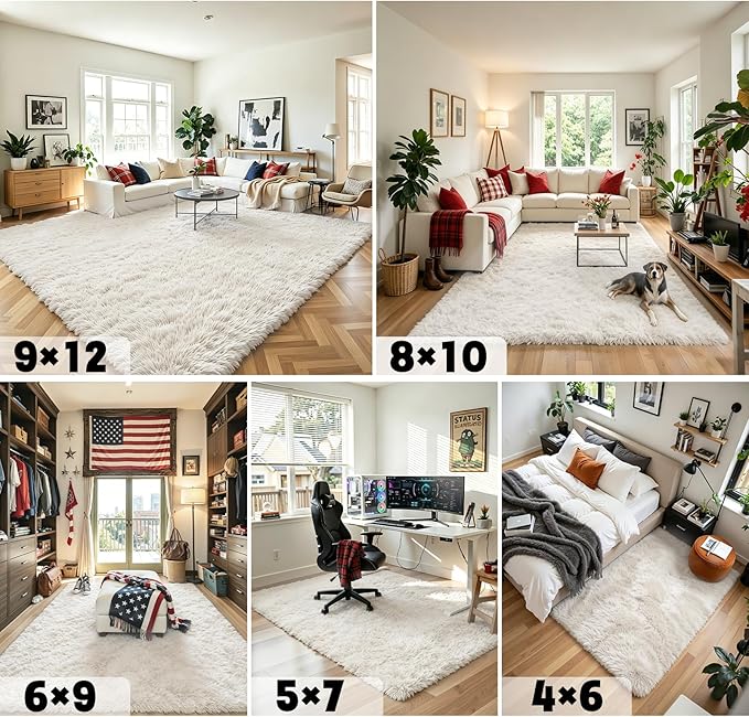 6x9 Shag Area Rug for Living Room, Cream Soft Plush Fluffy Carpet | Non-Slip - Image 7