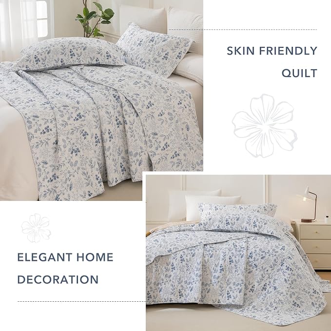 QSH Oversized King Quilt Bedspreads Set, 100% Cotton Blue & White Floral Leaves - Image 3