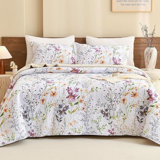 Lady Ann Wild Floral Printed Bed Quilt Sets Queen 100% Cotton Yellow Flower - Image 9