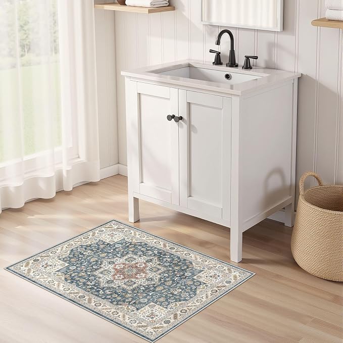 cotiled 2x3 Area Rug for Living Room, Traditional, Vintage Blue | Washable Soft - Image 3