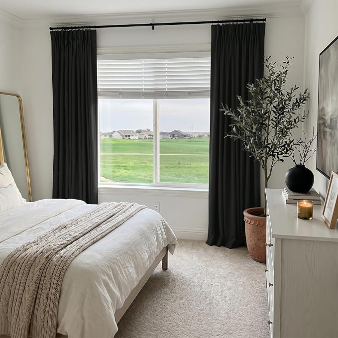 Pinch Pleated Full Blackout Faux Linen Curtains 80 Inches Long | Black - Image 5