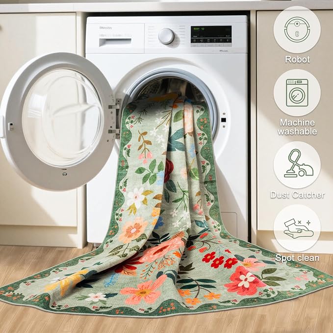 PLHXFR 2x3 Small Entryway Rug: Floral Washable Indoor Soft Carpet Green | - Image 6